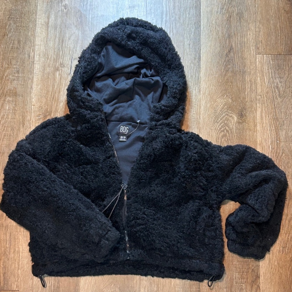 BDG Urban Outfitters Black Teddy Bear Faux Fur Hooded Cropped Jacket XS